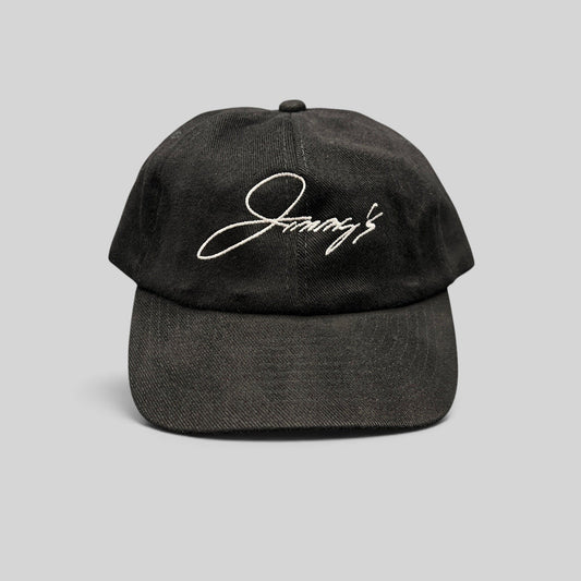 Raree Finds vintage black cotton strapback hat featuring white embroidered Jimmy's script logo on an unstructured crown