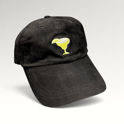 Raree Finds vintage black cotton strapback hat with an embroidered yellow margarita glass logo on the front