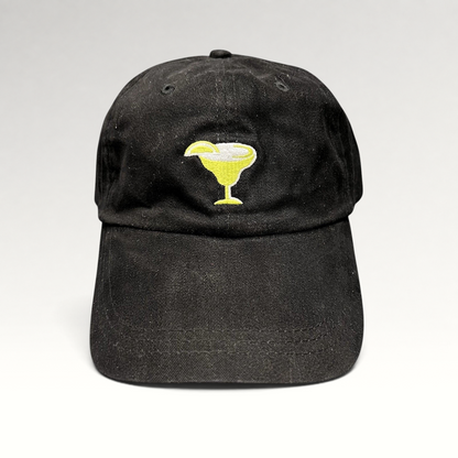 Raree Finds vintage black cotton strapback hat featuring an embroidered yellow margarita glass on the front