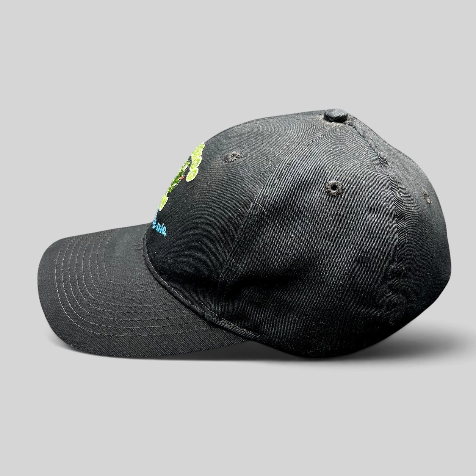 Raree Finds vintage black cotton strapback hat with embroidered Bullfrog Marina frog logo and aqua blue text