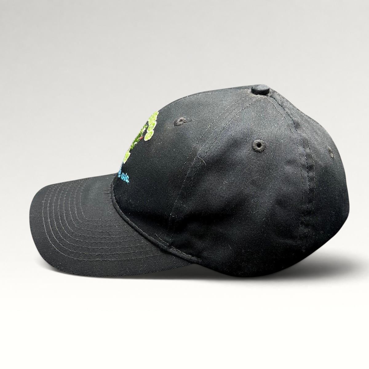 Raree Finds vintage black cotton strapback hat with embroidered Bullfrog Marina frog logo and aqua blue text