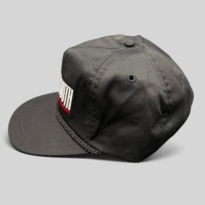 Raree Finds vintage black SportSouth strapback hat with white and red embroidery and braided rope brim detail.