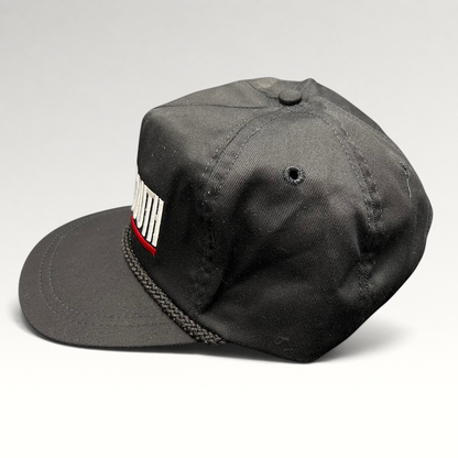 Raree Finds vintage black SportSouth strapback hat with white and red embroidery and braided rope brim detail.
