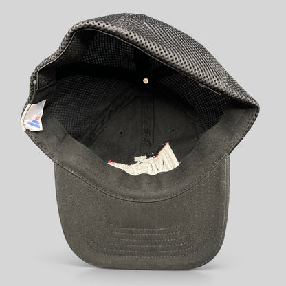 Raree Finds vintage black Incline Ski Shop trucker hat, interior view showing mesh back and embroidered logo detail.