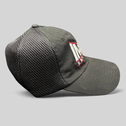 Raree Finds vintage black trucker hat with mesh back and embroidered Incline Ski Shop logo on the side profile