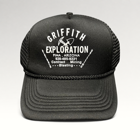 Raree Finds vintage black foam trucker hat with white Griffith Exploration mining company graphic and braided rope