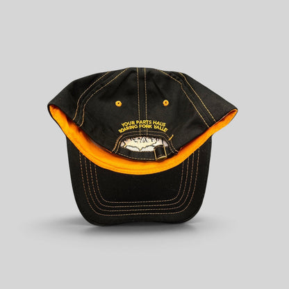 Raree Finds vintage black cotton strapback cap with yellow contrast stitching and embroidered automotive branding