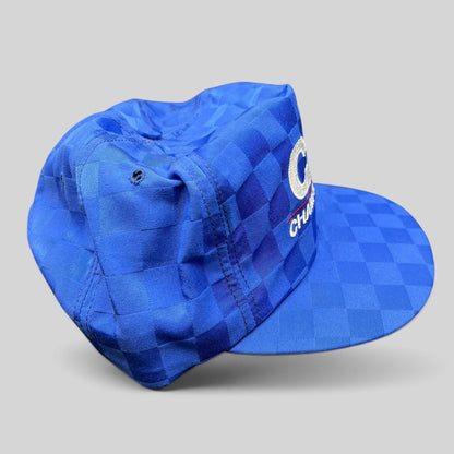 Raree Finds vintage royal blue checkered CAA Championships snapback hat with embroidered lettering and flat bill