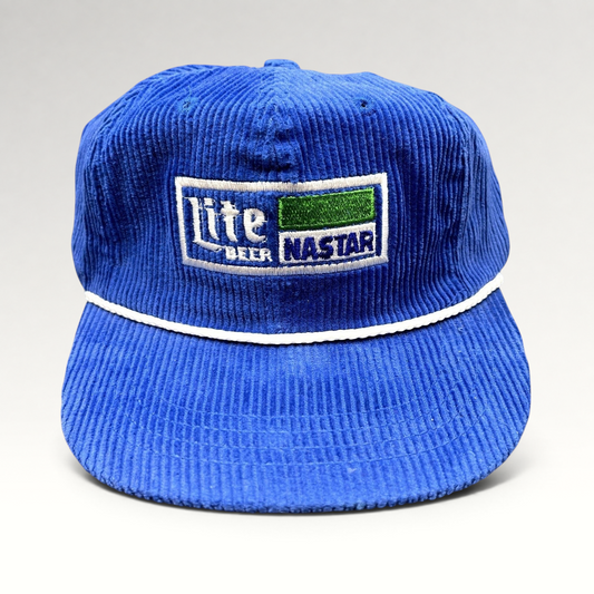 Raree Finds vintage royal blue corduroy strapback hat with Lite Beer and NASTAR embroidered patch and white rope trim.