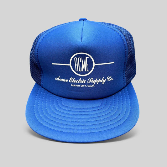Raree Finds vintage royal blue Acme Electric Supply Co. mesh trucker hat with white graphic and adjustable snapback.