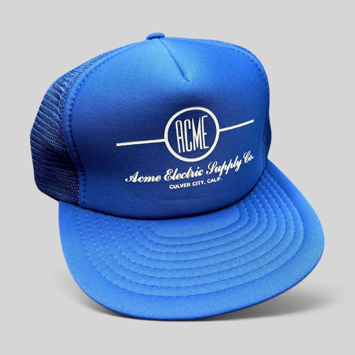 Raree Finds vintage royal blue Acme Electric Supply Co. mesh trucker hat with white graphic and snapback closure.