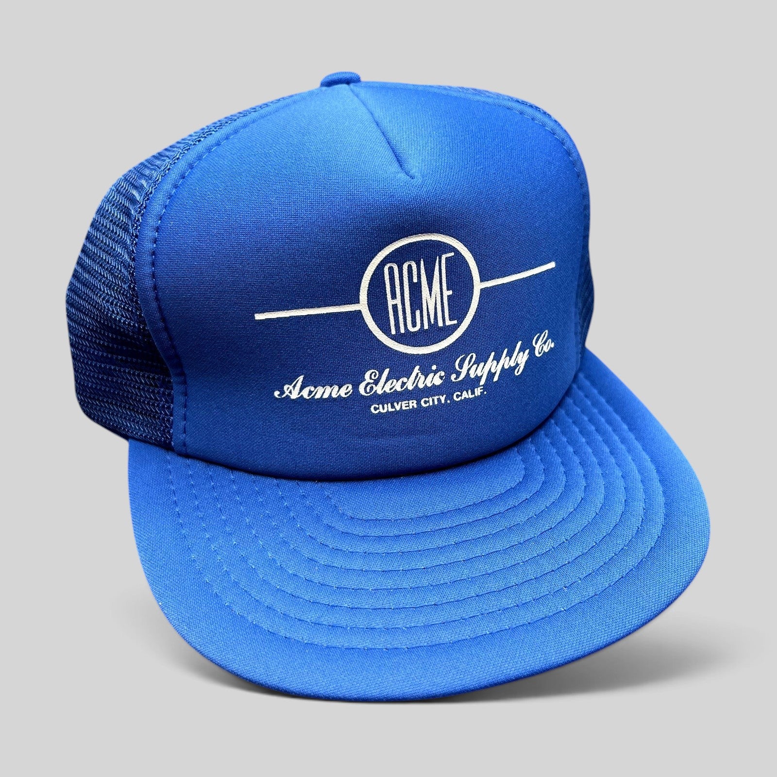 Raree Finds vintage royal blue Acme Electric Supply Co. mesh trucker hat with white graphic and snapback closure.