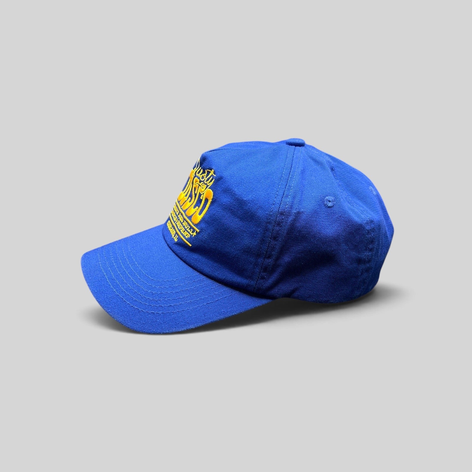 Raree Finds vintage royal blue snapback hat with yellow Dusty Disco Chicago embroidery and structured front panel