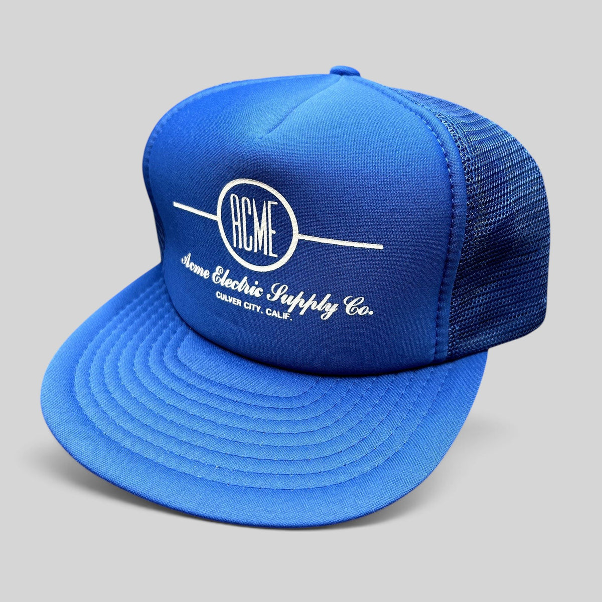 Raree Finds vintage royal blue Acme Electric Supply Co. mesh trucker hat with white graphic and snapback closure.