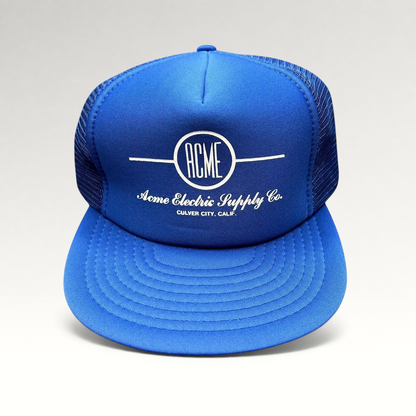 Raree Finds vintage royal blue foam front mesh trucker hat with white Acme Electric Supply Co. Culver City graphic