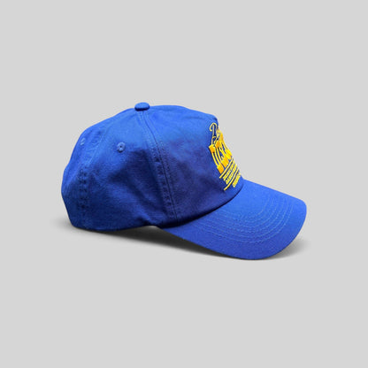 Raree Finds vintage royal blue snapback hat with yellow Dusty Disco embroidery and adjustable back closure