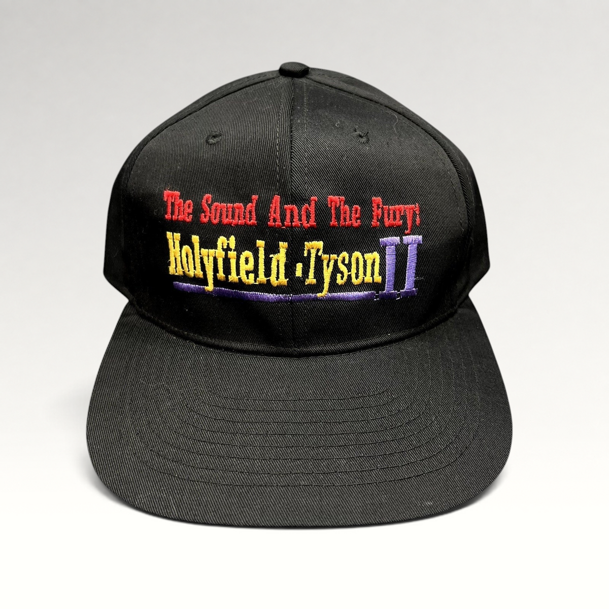 Raree Finds vintage 1997 Holyfield vs Tyson II boxing snapback hat with The Sound And The Fury embroidery on black