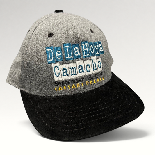 Raree Finds vintage 1997 De La Hoya vs Camacho boxing snapback hat with grey wool crown and black brim.