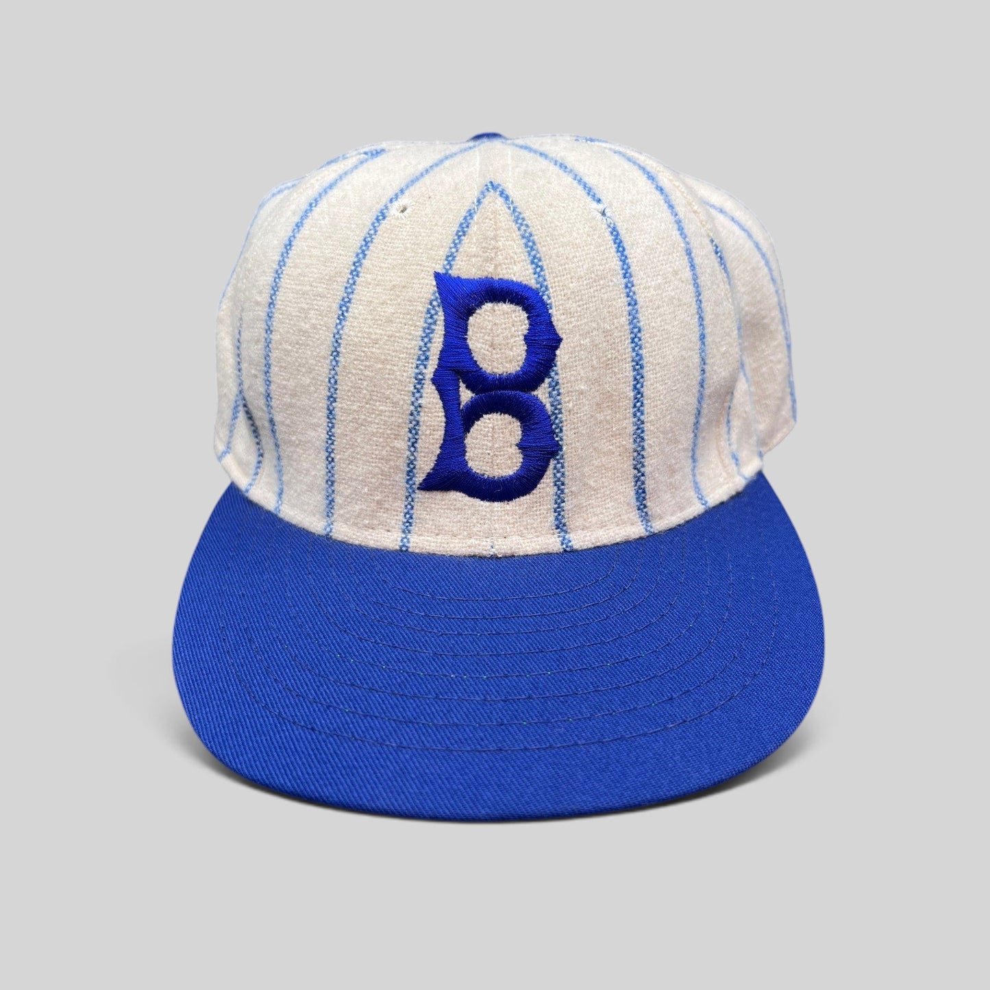 Raree Finds vintage Brooklyn Dodgers pinstripe wool baseball cap with blue B logo and royal blue brim