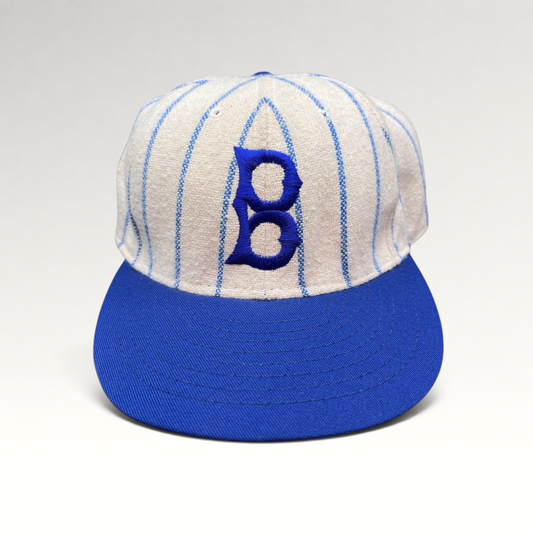 Raree Finds vintage Brooklyn Dodgers pinstripe wool baseball cap with blue B logo and royal blue brim