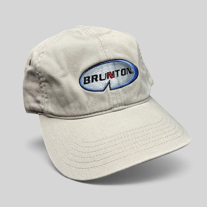Raree Finds vintage khaki cotton Richardson strapback hat with embroidered Brunton logo and navy underbrim