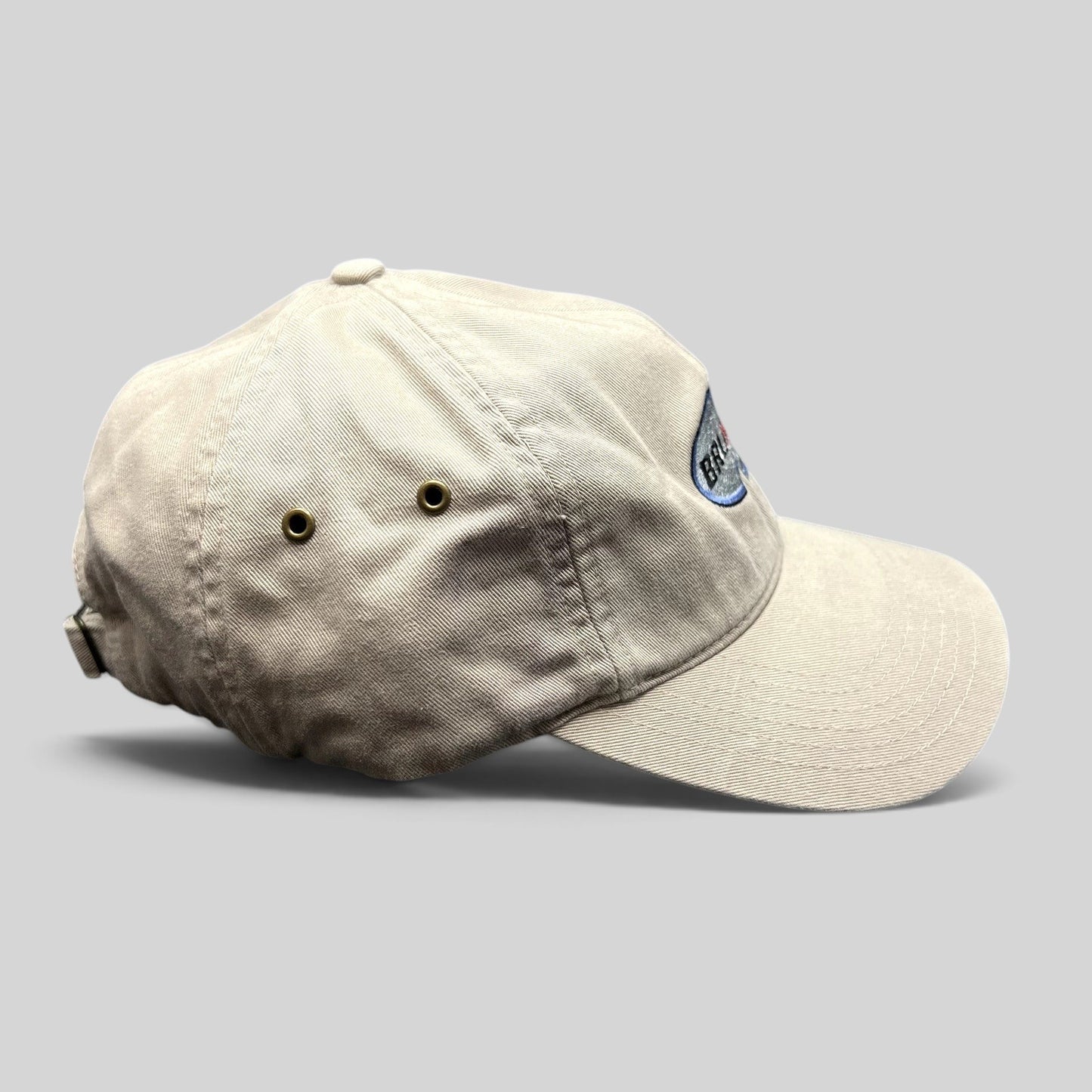 Raree Finds vintage khaki Richardson cotton strapback hat with embroidered Brunton logo and navy underbrim