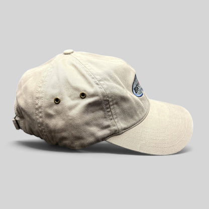 Raree Finds vintage khaki Richardson cotton strapback hat with embroidered Brunton logo and navy underbrim