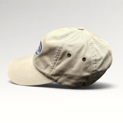 Raree Finds vintage khaki Richardson cotton strapback hat with Brunton logo embroidery and navy underbrim