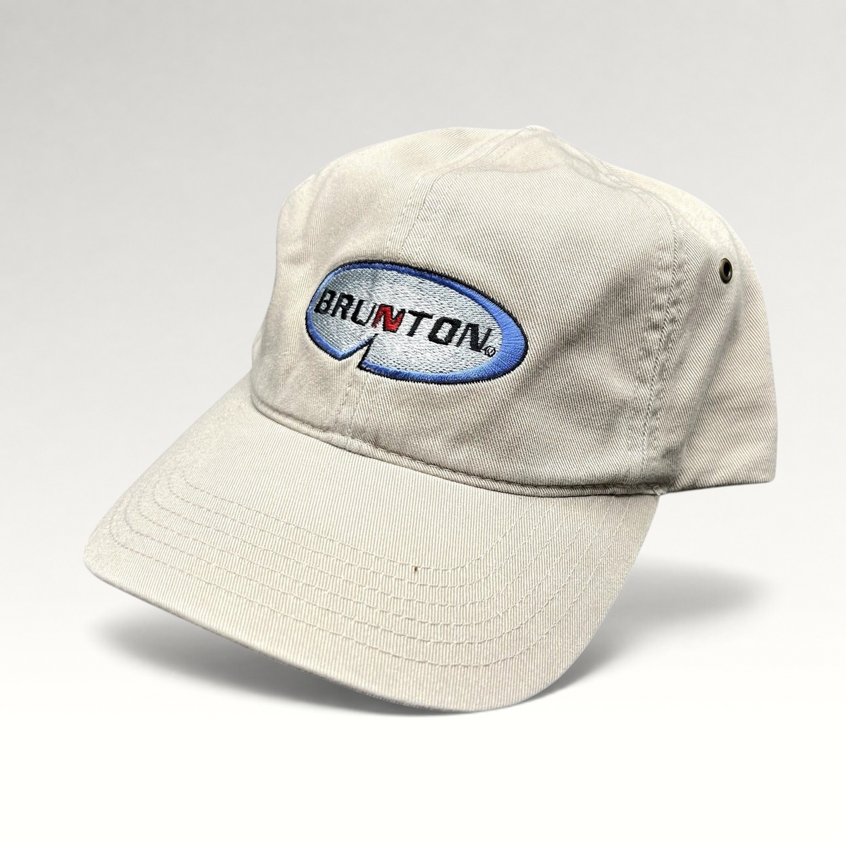 Raree Finds vintage khaki Richardson cotton strapback hat with embroidered Brunton logo and navy underbrim