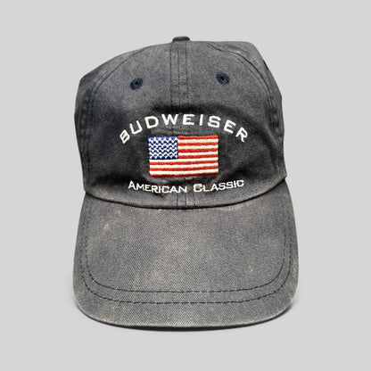 Raree Finds vintage navy blue cotton twill Budweiser strapback hat with embroidered American flag and logo