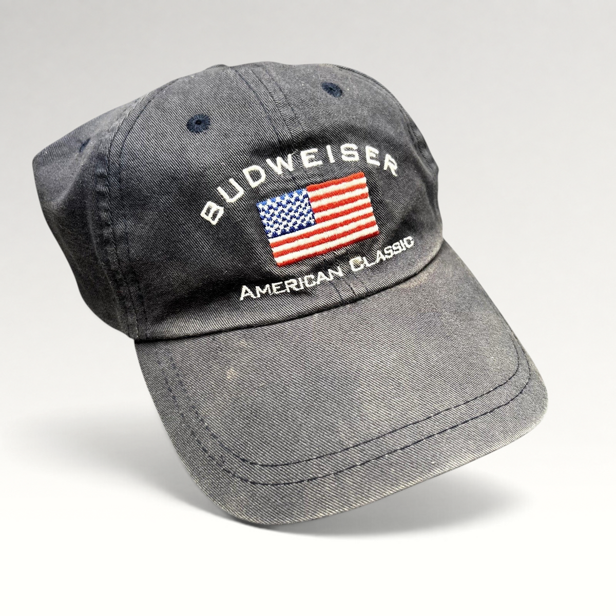 Raree Finds vintage Budweiser cotton twill strapback hat with embroidered American flag and American Classic text