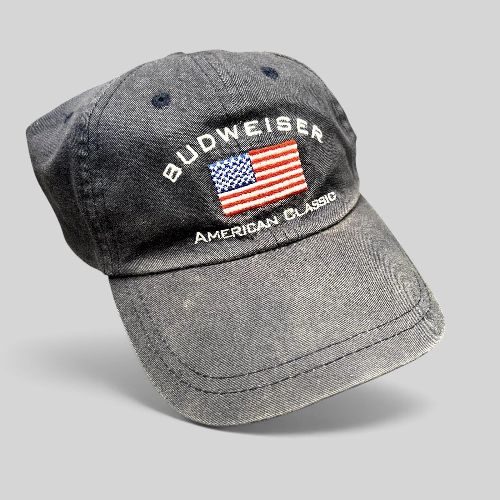 Raree Finds vintage navy blue cotton twill Budweiser strapback hat with embroidered American flag and logo