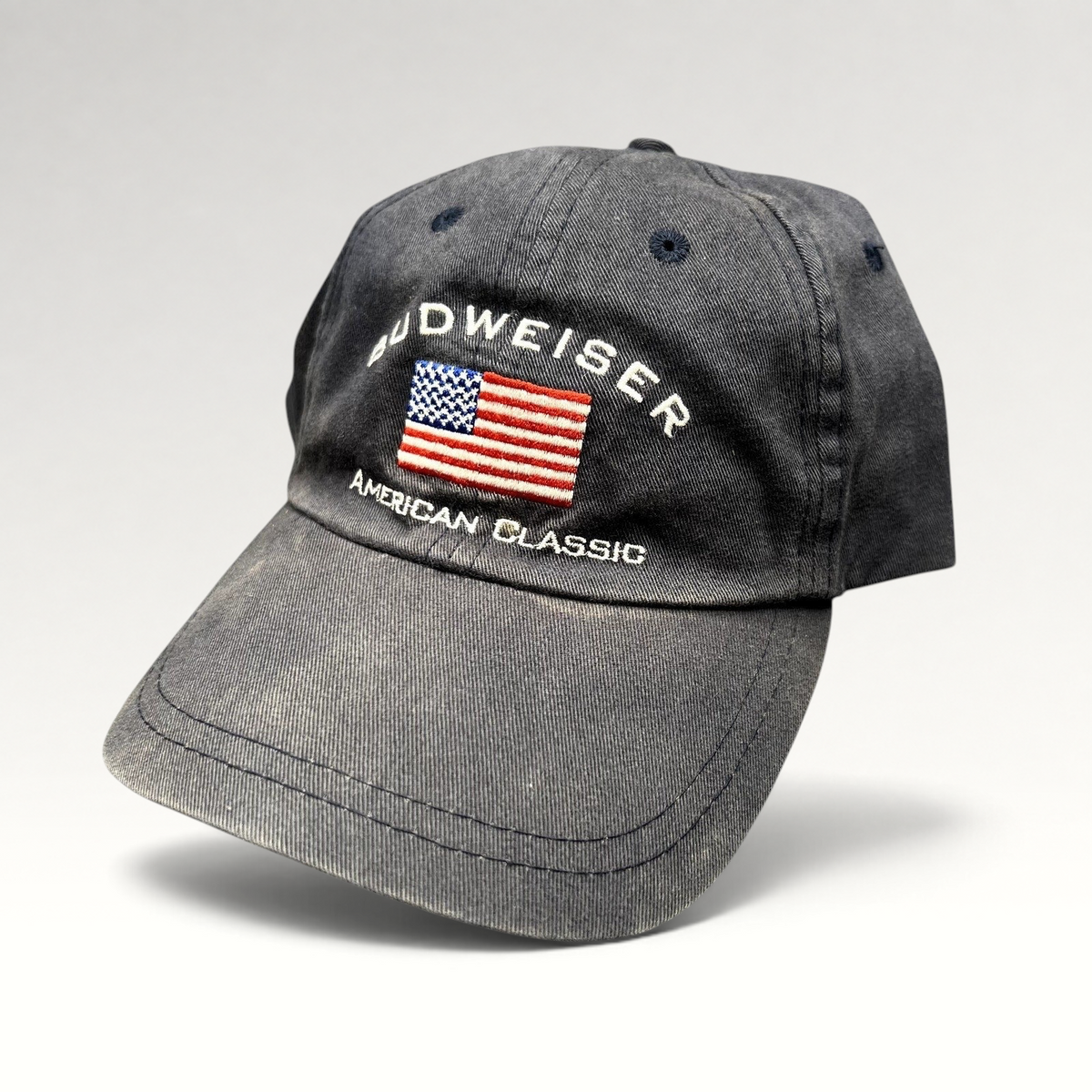 Raree Finds vintage Budweiser American Classic cotton twill strapback hat with embroidered American flag logo