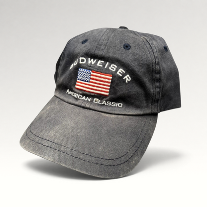 Raree Finds vintage Budweiser American Classic cotton twill strapback hat with embroidered American flag logo