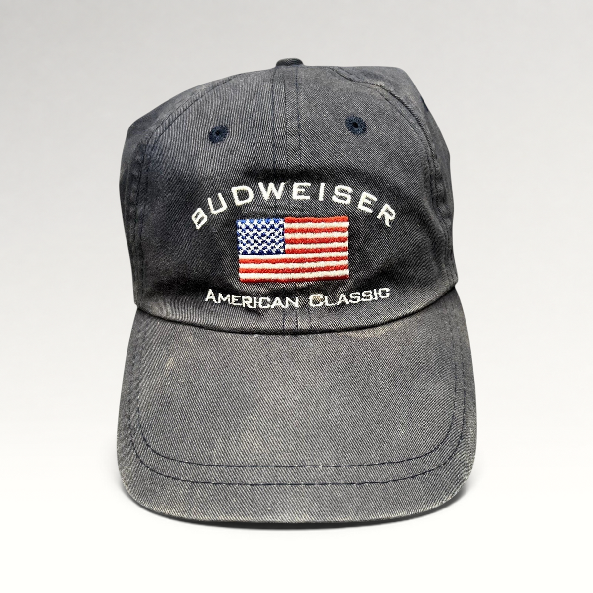 Raree Finds vintage Budweiser American Classic cotton twill strapback hat with embroidered flag logo