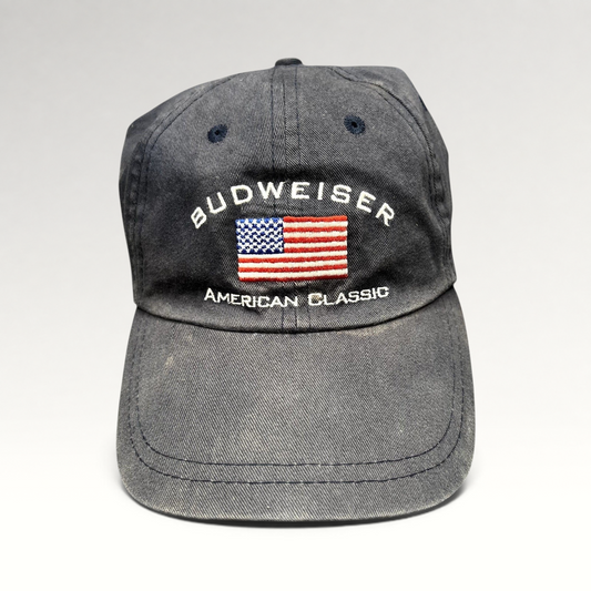 Raree Finds vintage Budweiser American Classic cotton twill strapback hat with embroidered flag logo