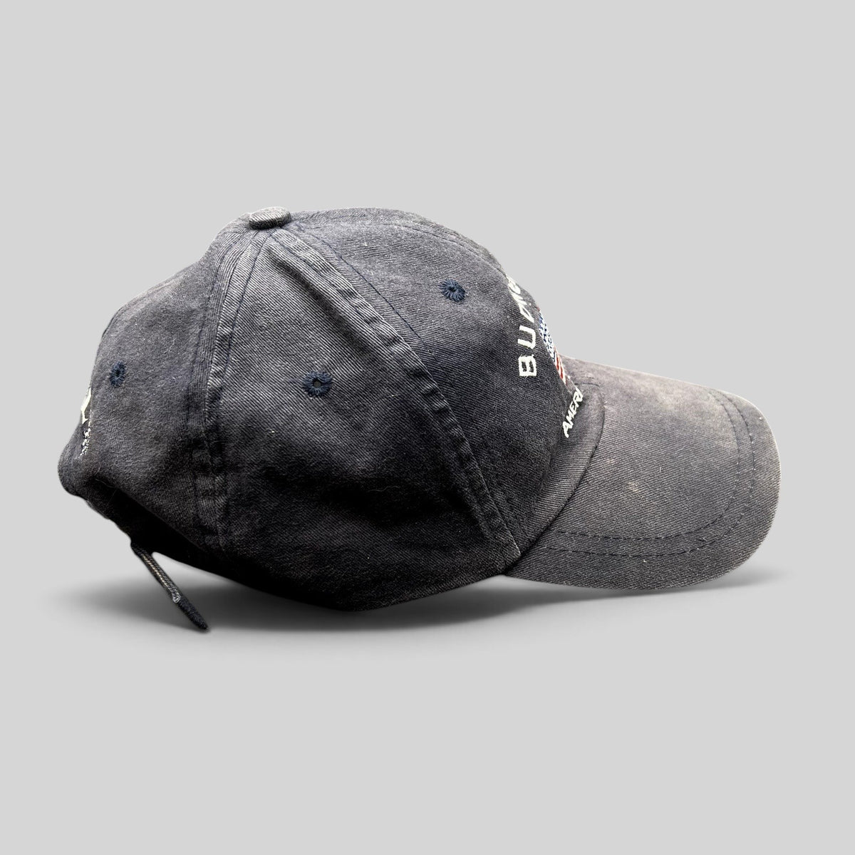 Raree Finds vintage Budweiser American Classic cotton twill strapback hat with embroidered flag logo, side view