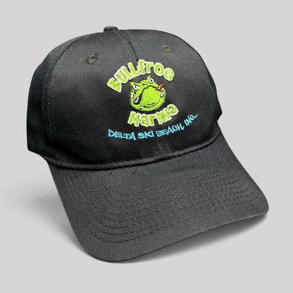 Raree Finds vintage black cotton strapback hat with embroidered Bullfrog Marina frog logo and aqua blue text