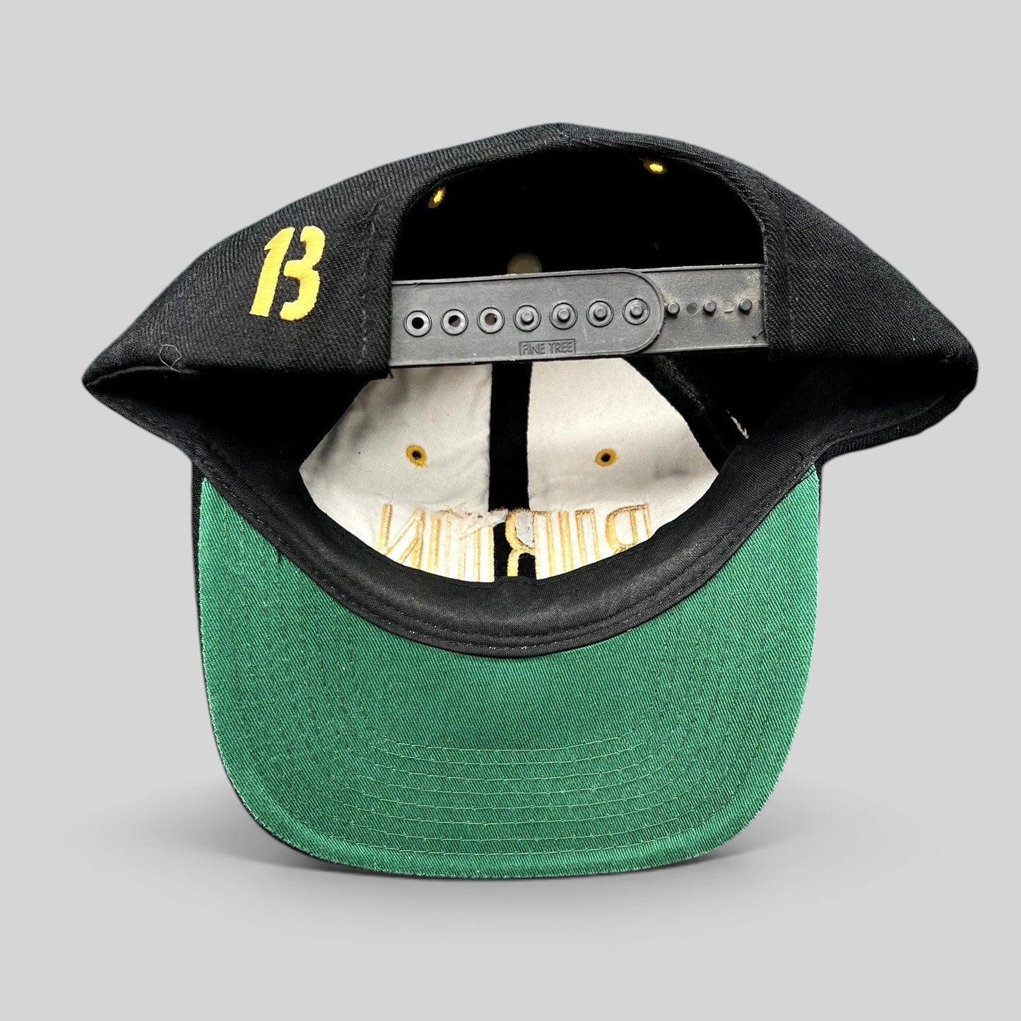 Raree Finds vintage Burton Snowboards snapback hat in black with green undervisor and embroidered 13 on the back