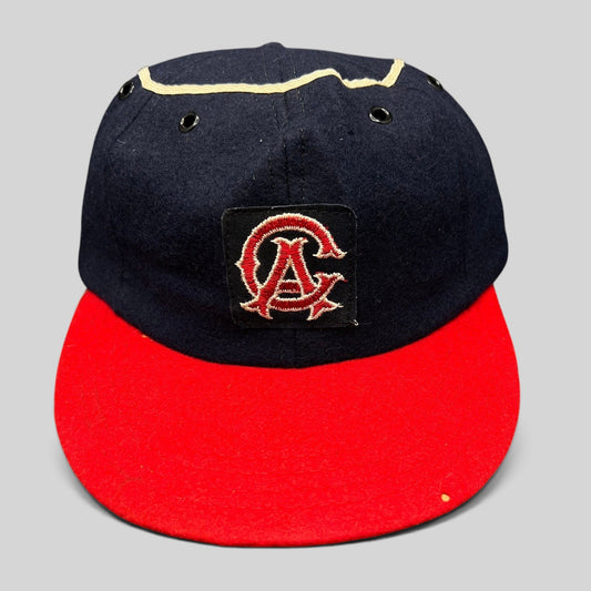 Raree Finds vintage California Angels wool snapback hat with navy crown, red brim, and embroidered CA logo patch.