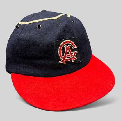Raree Finds vintage California Angels wool snapback hat with navy crown, red brim, and embroidered CA logo patch.