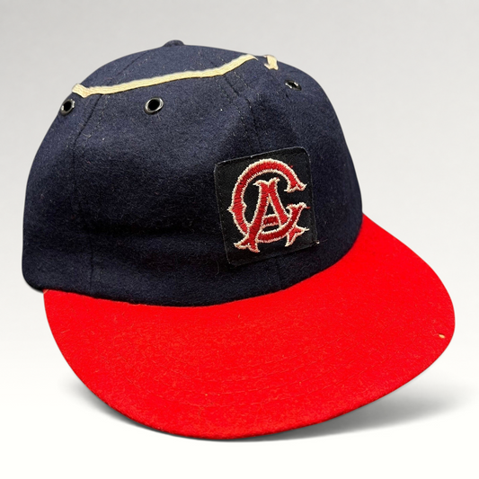 Raree Finds vintage California Angels wool snapback hat with navy crown, red brim, and embroidered CA logo patch.