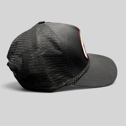 Raree Finds vintage black Calistoga Wine trucker hat with mesh back, braided rope detail, and embroidered patch.