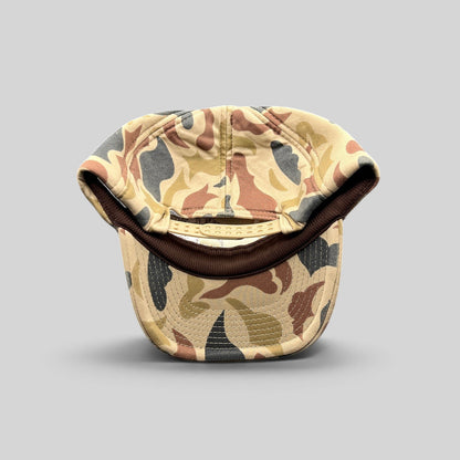 Raree Finds vintage Bonfire Brewing Co camo snapback hat with tan camouflage pattern and brown interior trim