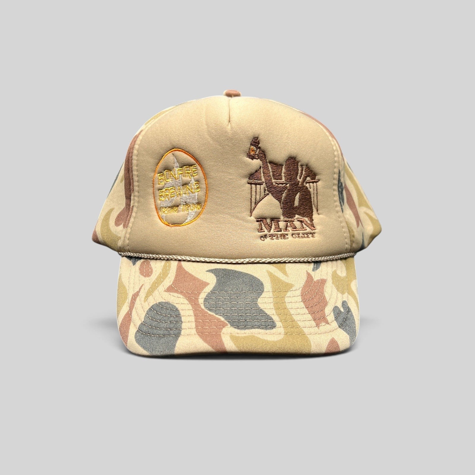 Raree Finds vintage Bonfire Brewing Co tan camo snapback hat with rope detail and embroidered mountain graphic