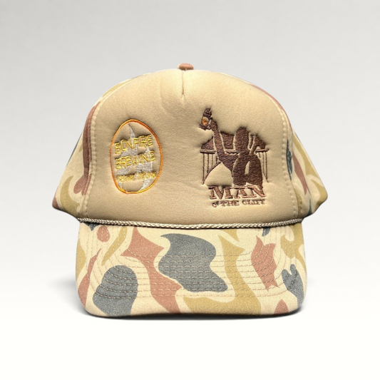 Raree Finds vintage Bonfire Brewing Co tan camo snapback hat with rope detail and embroidered mountain graphic