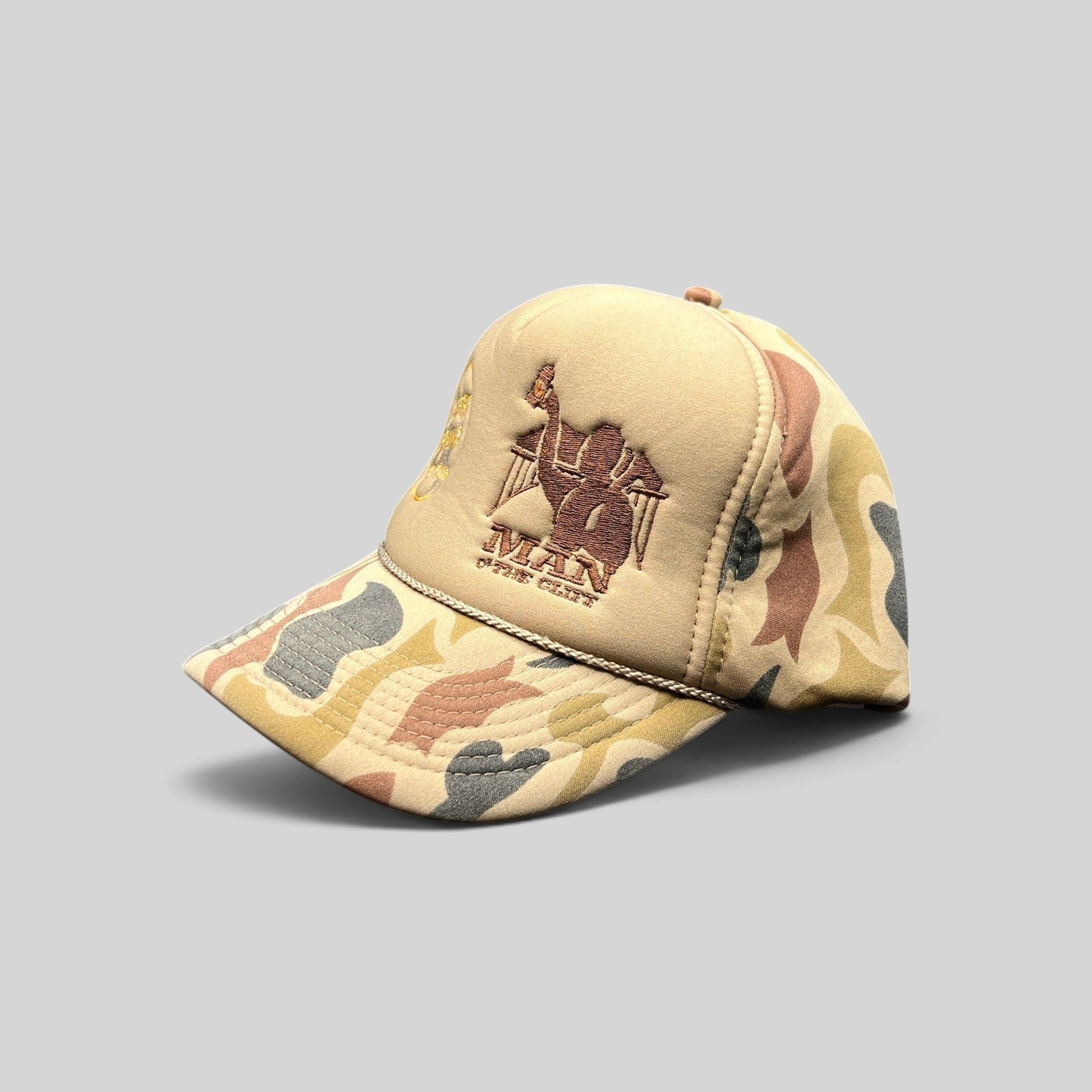 Raree Finds vintage Bonfire Brewing Co. tan camouflage snapback hat with rope detail and embroidered mountain graphic.