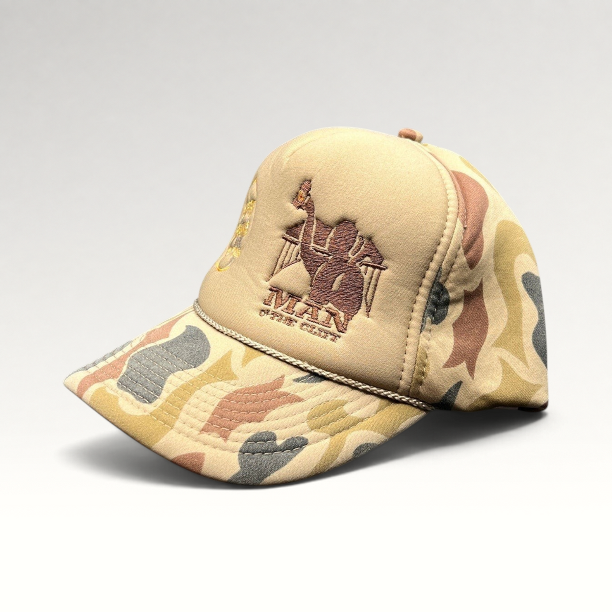 Raree Finds vintage Bonfire Brewing Co. tan camouflage snapback hat with rope detail and embroidered mountain graphic.