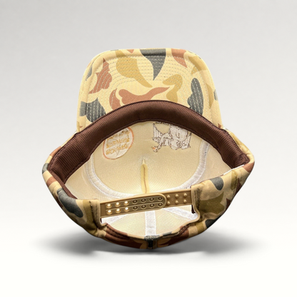 Raree Finds vintage Bonfire Brewing Co camo snapback hat showing the interior plastic snap closure and COBRA tag