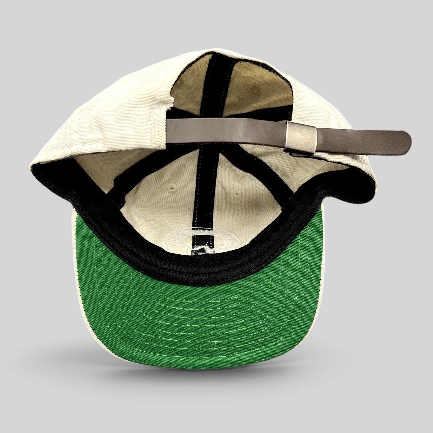 Raree Finds vintage Y2K Ojai Surf Club canvas hat interior showing green undervisor and brown leather strapback buckle